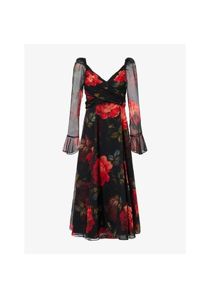 Womens Carolina Herrera Ruched-Front Floral-Print Silk Midi Dress