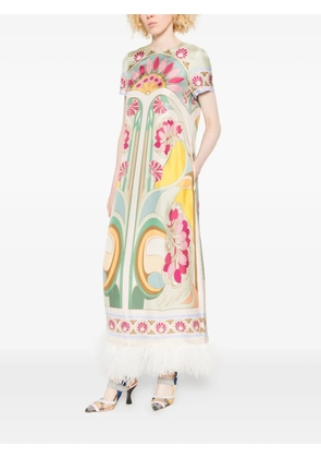 La DoubleJ Tulip Placée-print feather-trim maxi dress - Neutrals