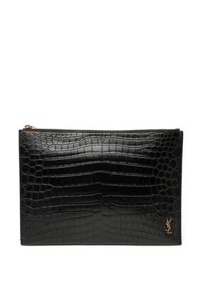 Saint Laurent Pre-Owned 2019 Croc Embossed Leather Tiny Monogram Zipped Tablet Holder clutch bag - Black