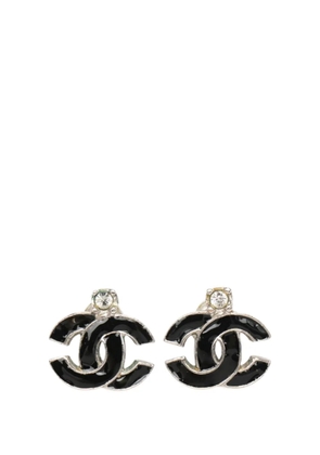 CHANEL Pre-Owned 2004 Silver Plated CC Rhinestone Lacquered Push Back Earrings costume earrings - Black