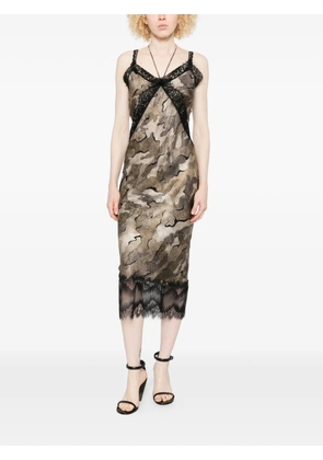 PINKO Rabbocco camouflage-print lace-trim midi dress - Green