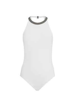 Brunello Cucinelli techno-jersey bathing suit with precious collar - White