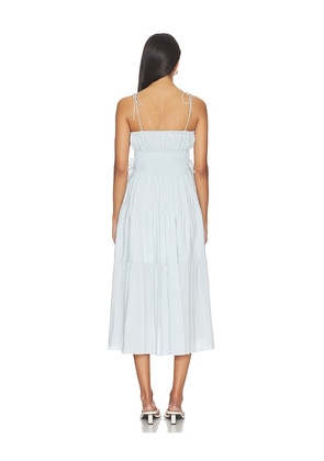 BUMPSUIT Shirred Midi Poplin Dress in Baby Blue. Size L. Also in M, XL.