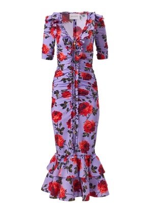 Carolina Herrera Gathered Stemmed-Rose-Printed Stretch-Cotton Midi Dress - Moda Operandi