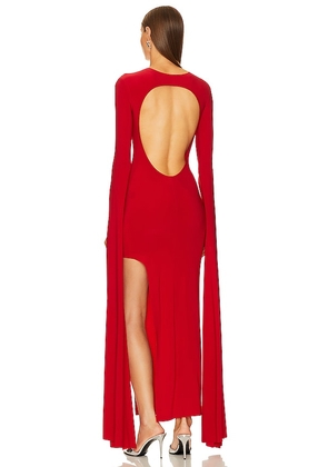 Norma Kamali Open Back Ribbon Sleeve Wide Slit Gown in Tiger Red. Size S. Also in XS.
