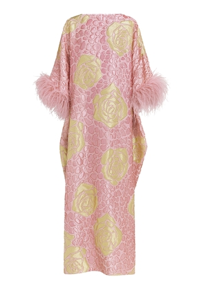 Dima Ayad Feather-Trimmed Floral-Print Maxi Caftan - Moda Operandi