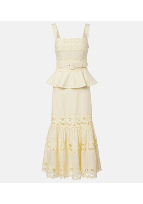 Self-Portrait Belted crochet-trimmed linen and cotton midi dress