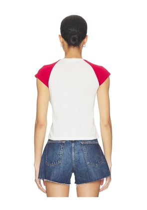 The Laundry Room Cherries Embroidery Raglan Baby Tee in White. Size L. Also in S, XS, M, XL.