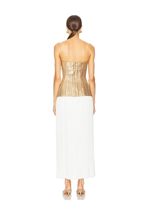 Prabal Gurung Strapless Straight Neck Sequin Dress W/ Plisse Skirt in Metallic Gold,White. Size 2. Also in 4, 6.