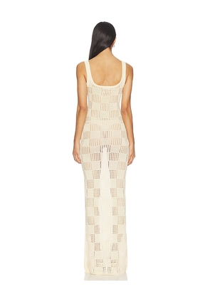 SNDYS Breanna Crochet Shimmer Maxi Dress in Cream. Size S. Also in L, M, XS, XXS.