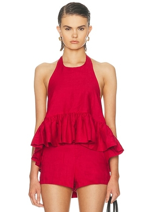 AEXAE x REVOLVE Linen Peplum Top in Solid Red - Red. Size L (also in M, S, XS).