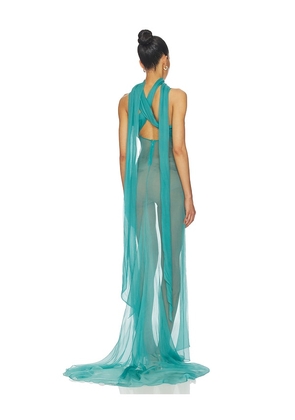 LaQuan Smith Gown With Neck Tie Detail in Teal. Size L. Also in XS, S, M.