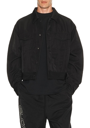Fear of God ESSENTIALS Trucker Jacket in Vintage Black - Black. Size L (also in M, S, XL/1X, XS, XXL/2X).