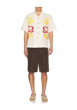 Commas Embroidered Peonies Bowling Shirt in White. Size L. Also in S, M, XL/1X.
