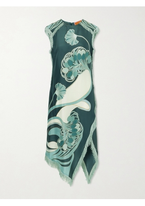 La DoubleJ - Fringed Printed Silk-satin Midi Dress - Blue - xx small,x small,small,medium,large,x large