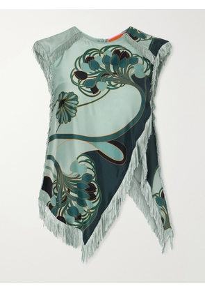 La DoubleJ - Fringed Printed Silk-satin Blouse - Green - xx small,x small,small,medium,large,x large
