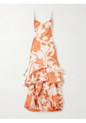 Andres Otalora - Estetica Pura Ruffled Tiered Floral-print Satin Maxi Dress - Orange - US0,US2,US4,US6,US8,US10,US12