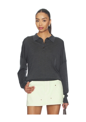 RENGGLI Silk Cashmere Boxy Long Sleeve Polo in Charcoal. Size L. Also in M, S, XL, XS, XXS.