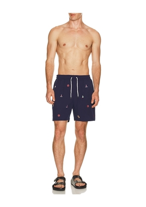Polo Ralph Lauren Stretch Polyester Boat All Over Traveler Swim Trunk in Blue. Size L. Also in S.