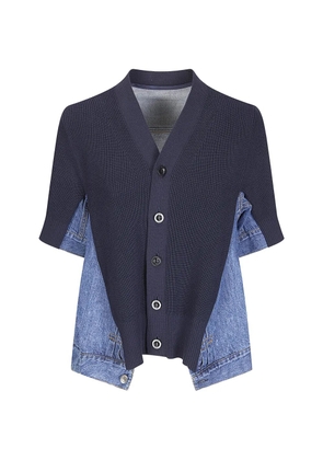 sacai panelled denim-knit cardigan - Blue