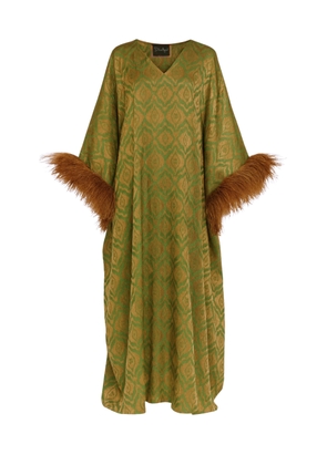 Dima Ayad Feather-Trimmed Metallic Print Maxi Kaftan - Moda Operandi