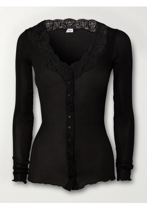 SAINT LAURENT - Lace-trimmed Ribbed Silk-jersey Cardigan - Black - XS,S,M,L