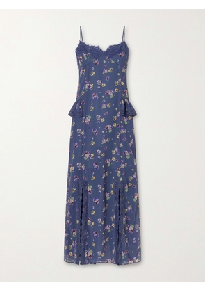 Anna Sui - Night Blooming Floral-print Lace-trimmed Chiffon Midi Dress - Blue - US2,US4,US6,US8,US10,US12
