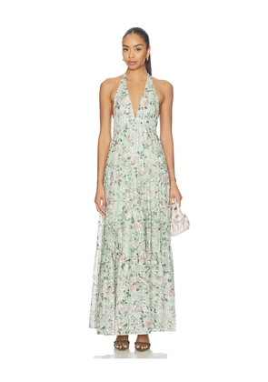 Alice + Olivia Maura Embroidered Deep V Halter Tiered Maxi Dress in Sage. Size 0. Also in 4, 10, 12.