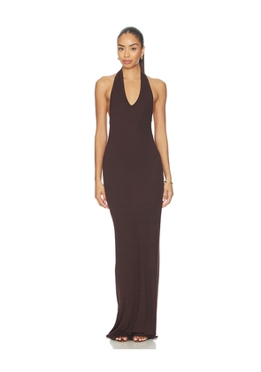 Enza Costa Silk Rib U-neck Halter Fluid Maxi Dress in Chocolate. Size XS. Also in S, M, L, XL.