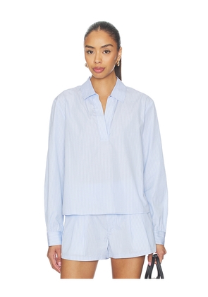 FRAME The Striped Long Sleeve Popover Top in Baby Blue. Size XS. Also in S, M, L.