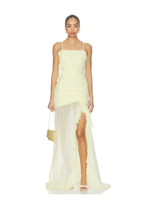 Runaway The Label Eziya Ruched Frill Trim Maxi Dress in Lemon. Size S. Also in XS, M, L.