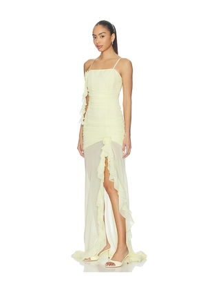 Runaway The Label Eziya Ruched Frill Trim Maxi Dress in Lemon. Size S. Also in M.