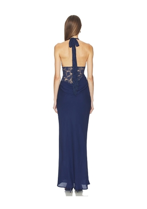 Runaway The Label Lina Halter Draped Maxi Dress in Navy. Size S. Also in M, XS.