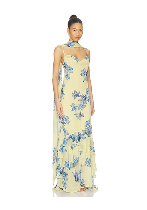 ROCOCO SAND Cowl Maxi Dress With Sash in Lemon,Blue. Size S. Also in XXS, XS, M, L, XL, XXL.