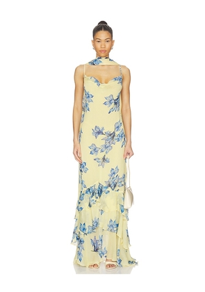 ROCOCO SAND Cowl Maxi Dress With Sash in Lemon,Blue. Size S. Also in XS, M, L.