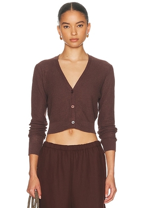 Enza Costa Linen Open Knit Cropped V Neck Cardigan in Chocolate - Chocolate. Size XS (also in S, M, L, XL).