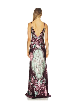 Camilla V Neck Long Bias Slip Dress With Train in Wine. Size L. Also in S, M, XL.