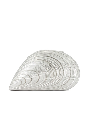 SIMKHAI Bridget Oyster Shell Clutch in Metallic Silver.
