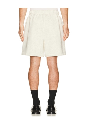 Fear of God ESSENTIALS Classic Short in Oatmeal Heather/Light Heather in Beige. Size S. Also in XS, M, L, XL/1X, XXL/2X.