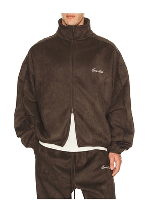 Fear of God ESSENTIALS Signature Modern Track Jacket in Brown. Size XS. Also in S, M, L, XL/1X, XXL/2X.