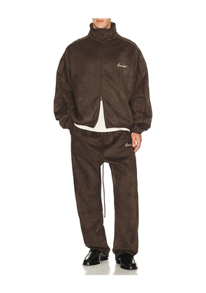 Fear of God ESSENTIALS Signature Modern Track Jacket in Brown. Size XS. Also in S, M, L, XL/1X, XXL/2X.