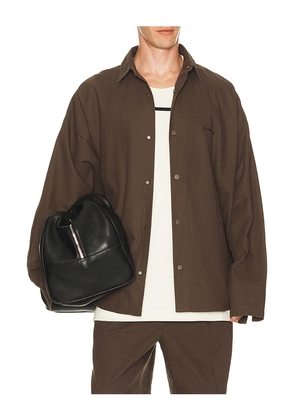 Fear of God ESSENTIALS Overshirt in Brown. Size XS. Also in S, M, L, XL/1X, XXL/2X.