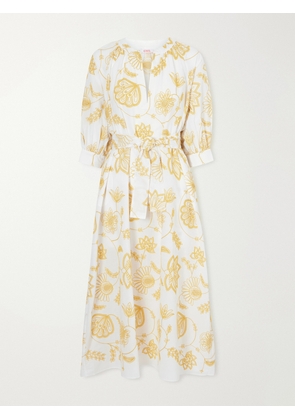 Eres - Sari Anjana Belted Embroidered Cotton-blend Midi Dress - Yellow - small,medium