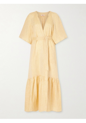 Eres - Audacieuse Belted Tiered Linen Midi Dress - Yellow - x small,small,medium,large