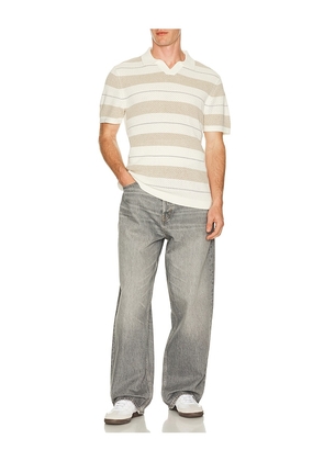 Reigning Champ Cotton Linen Stripe Victor Polo in Ivory. Size S. Also in M, L, XL/1X, XXL/2X.