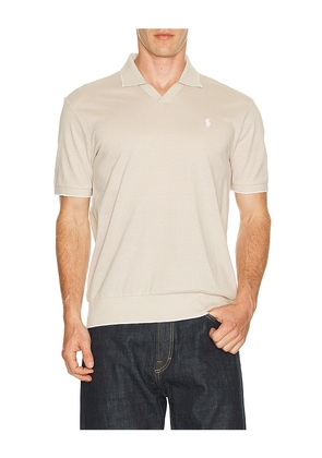 Polo Ralph Lauren Short Sleeve Jacquard Pique Johnny Collar Polo in Beige. Size S. Also in M, L, XL/1X, XXL/2X.