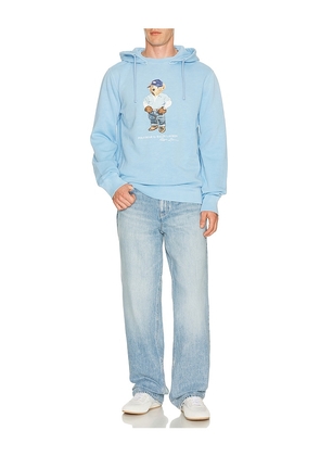 Polo Ralph Lauren Long Sleeve Vintage Fleece Novelty Denim Bear Hoodie in Blue. Size S. Also in M, L, XL/1X, XXL/2X.