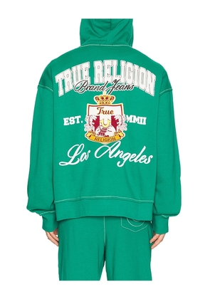 True Religion Crest Big T Cinched Zip Up Hoodie in Green. Size S. Also in M, L, XL/1X.