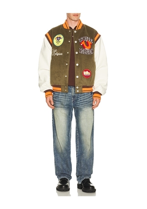 True Religion Garden Logo Retro Varsity Jacket in Olive. Size S. Also in M, L, XL/1X.
