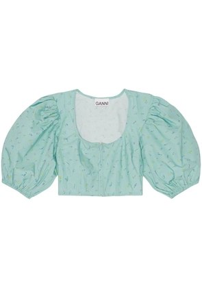 GANNI puff-sleeve cropped blouse - Blue